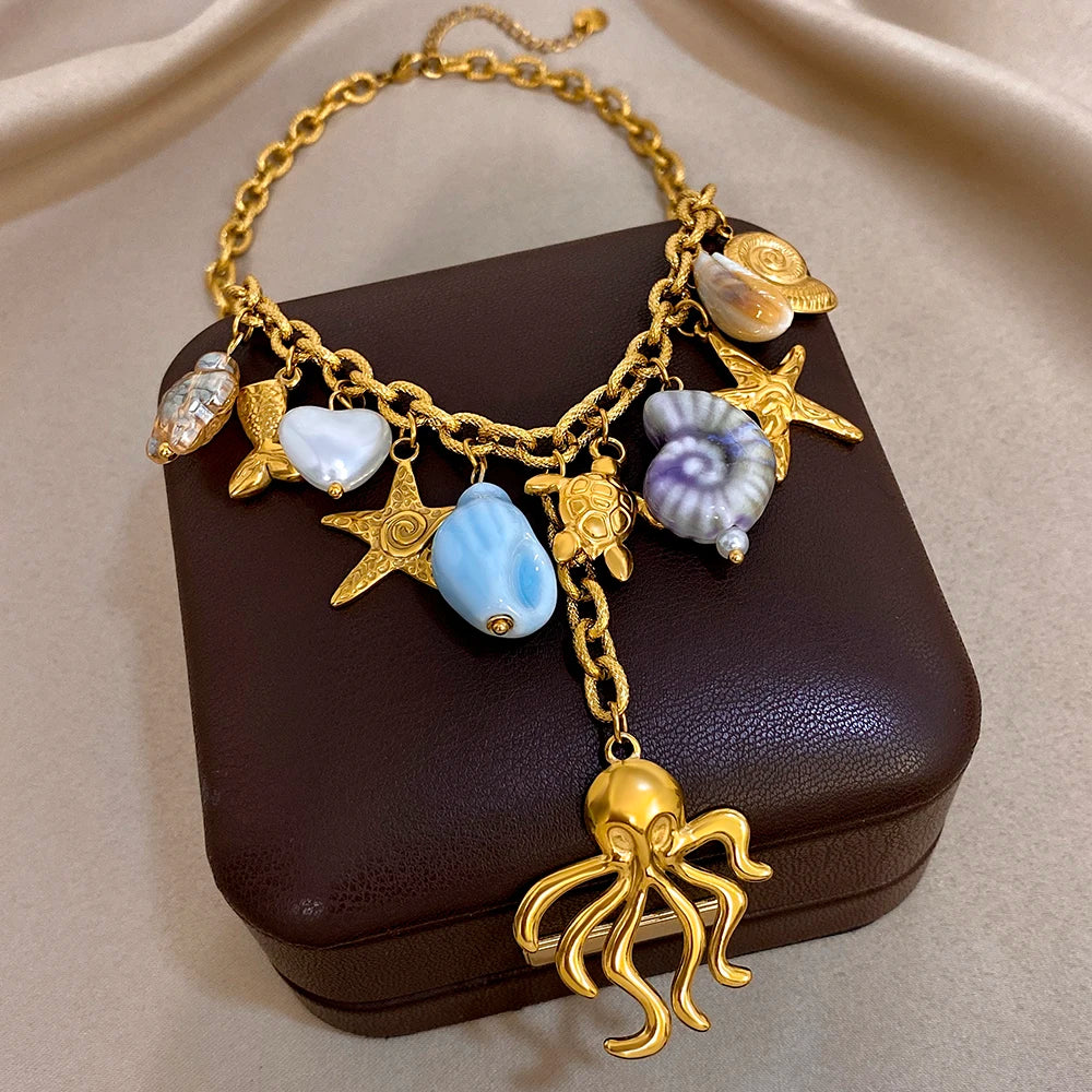 New Trend Chunky Stainless Steel Shell Starfish Turtle Charm Necklace Octopus Pendant Statement Gold Color Fashion Jewelry Gift