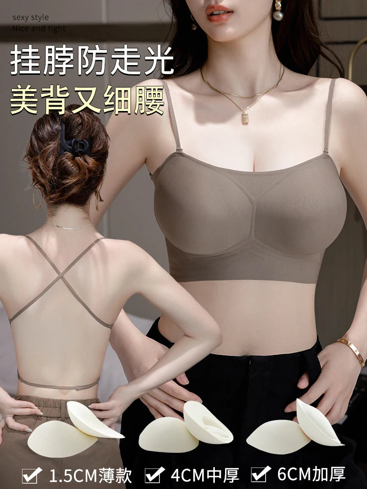 MOYISU Backless Halter Bra with Pads Cross Straps for Small Boobs, Volumizing Push Up Bralette, Strapless Plunge Dress Underwear