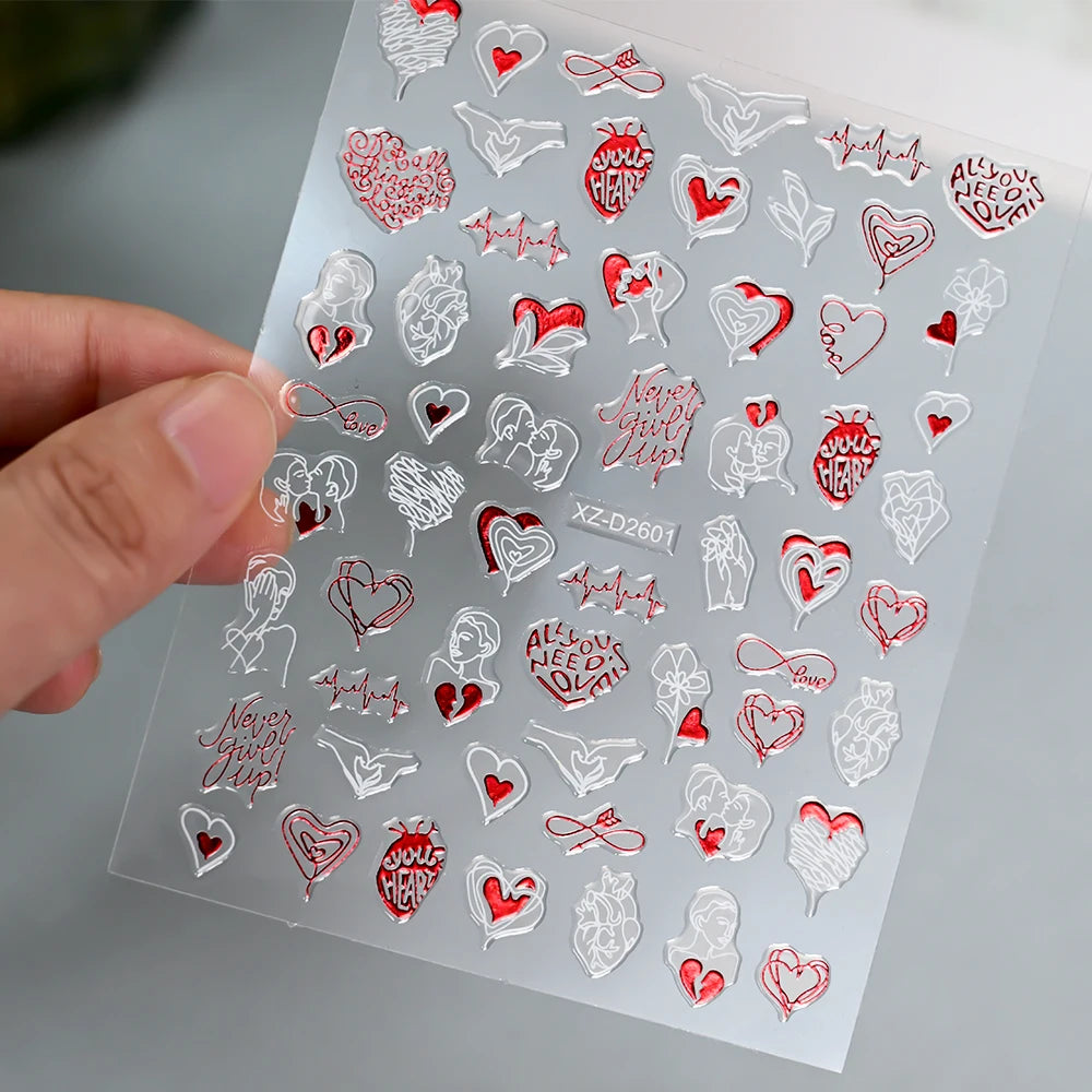 1Pc 3D Red Love Heart Nail Art Stickers Rose Flower Lip Self Adhesive Decals Valentine' Day Nail Sliders For Manicure Decoration