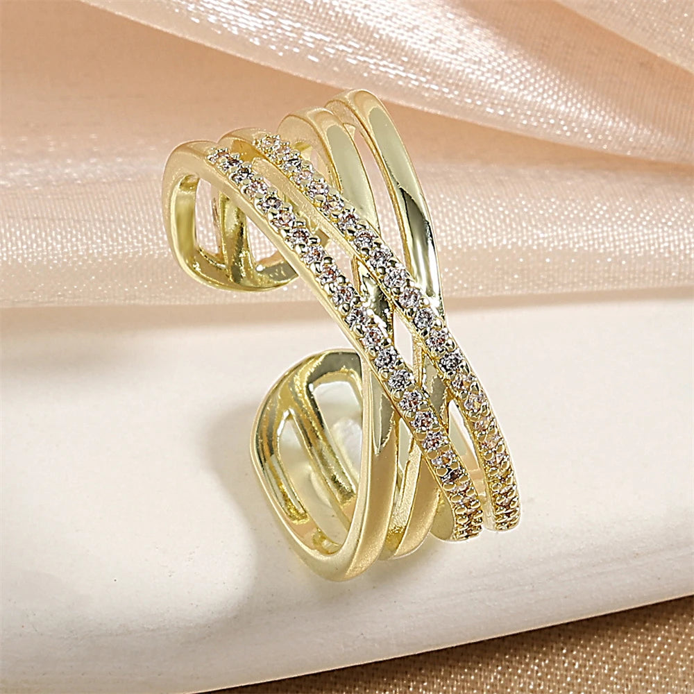 ZAKOL Fashion Double Layers Zircon Rings for Women Gold Color Plated Open Stainless Steel Ring Aesthetic Party Wedding Jewelry