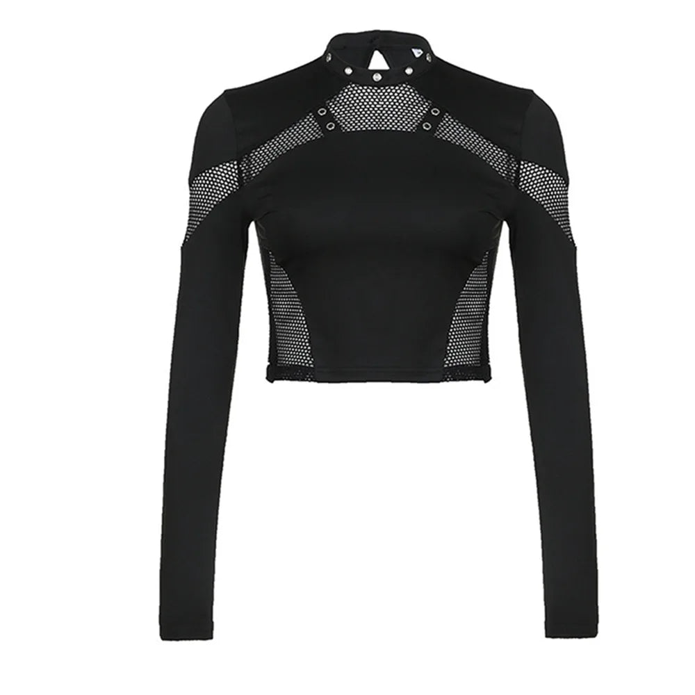 BKLD Spring And Autumn Punk Halloween Fashion Hollow Out Long Sleeve Tops Mesh Patchwork Solid Color T-Shirts Y2K Clothes Women