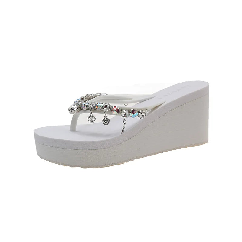 2025 Summer New High-heeled Flip Flops Women's Rhinestone Chain Pendant Thick Bottom Fashionable Clip on Sandals Beach Slippers
