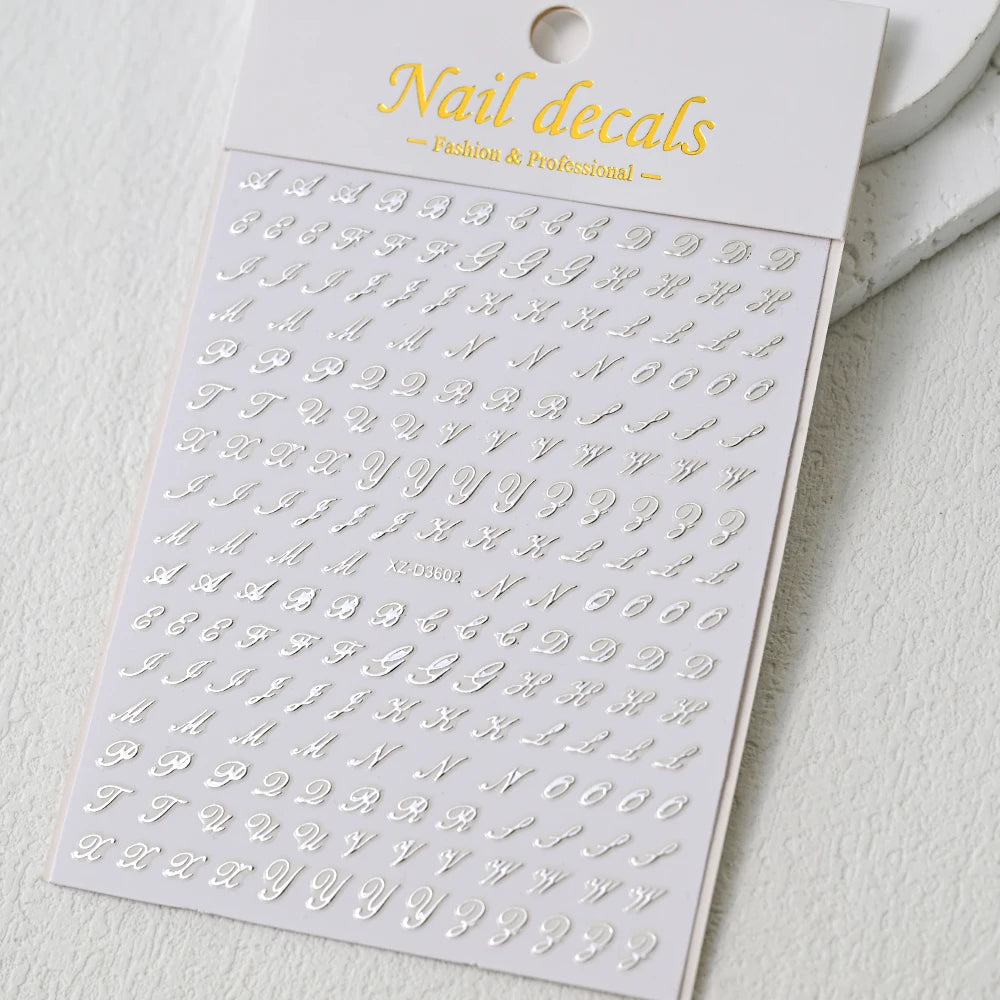 1pc Gold Silver English Letter Nail Sticker Black Laser 3D Alphabet Self Adhesive Decal English Words DIY Slider Manicure Decor