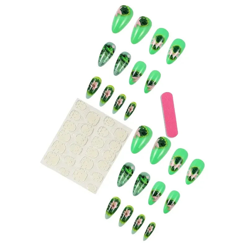 24pcs/set Medium long fake nails yellow dragon flowers feather design for Spring summer Square almond tips press on false nail