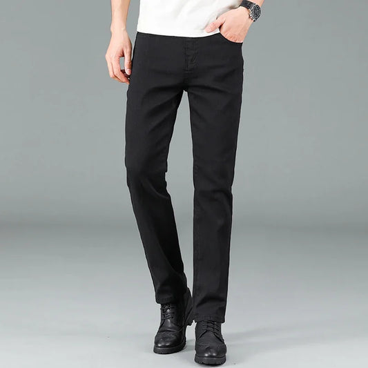 Men's Pure Black Slim Jeans Elastic Straight Pants Business Fashion Leisure Korean Vintage Skinny Small Feet Denim Pants Male