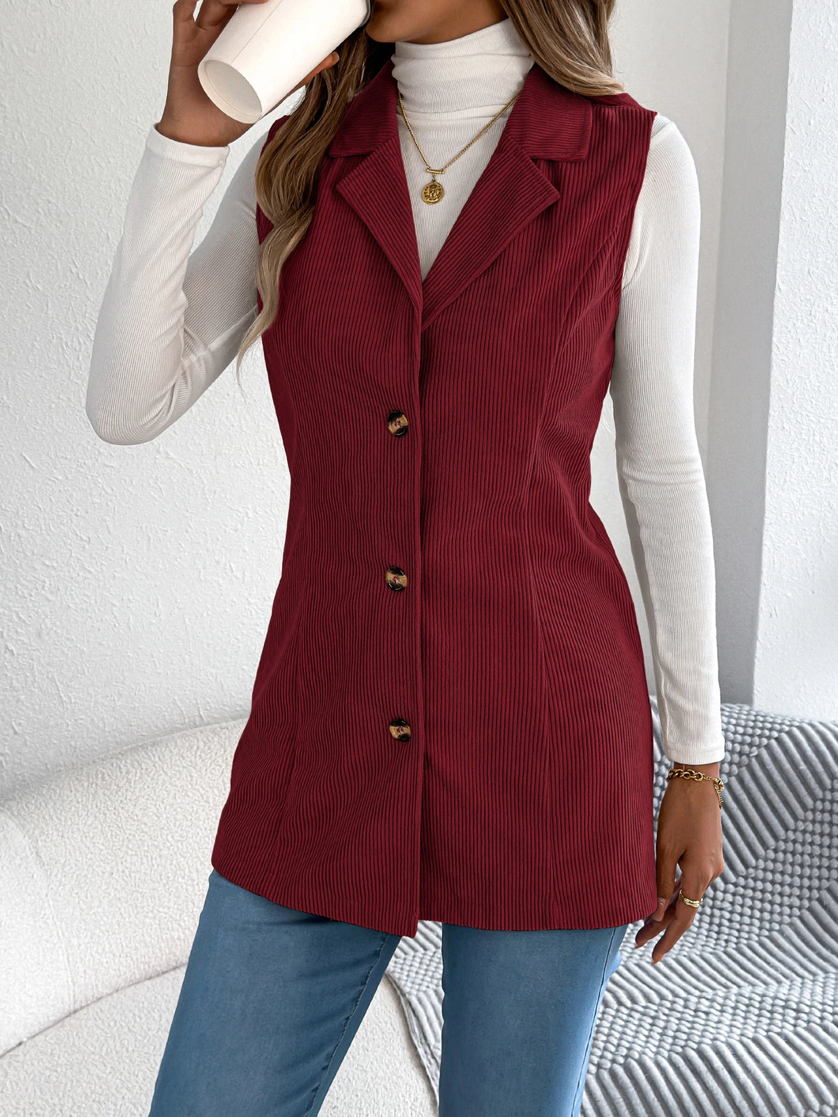 Autumn Winter Corduroy Coat Women 2026 Casual Solid Color Single Breasted Lapel Sleeveless Jacket Khaki Red Black Woman Clothing