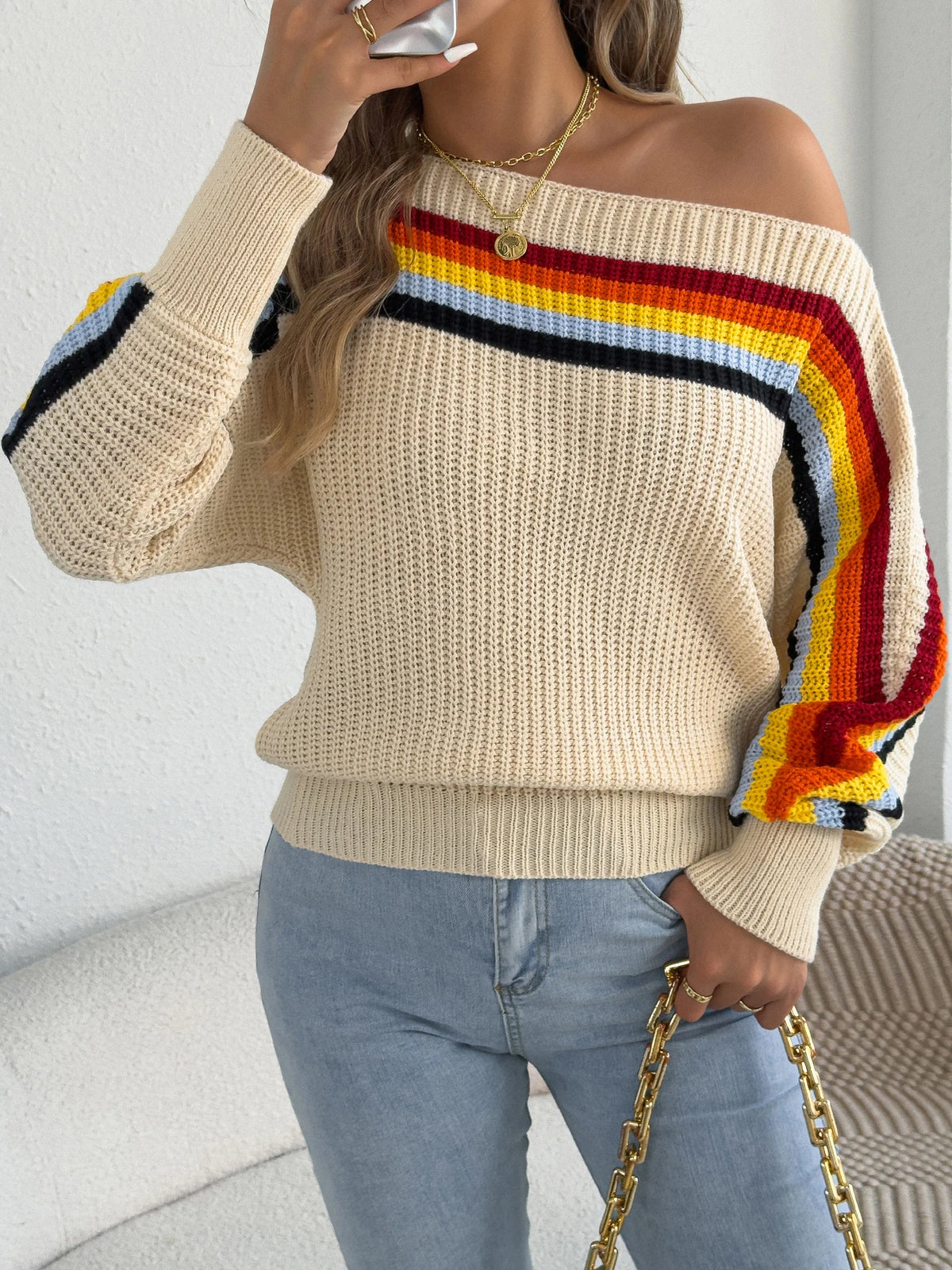 2026 Fashion Contrast Color Striped Sweaters for Women Autumn Winter Casual Round Neck Lantern Long Sleeve Knitted Pullover Tops