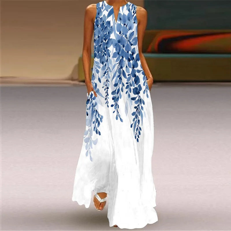 Summer Retro V-Neck Sleeveless Maxi Dress – Loose Artistic Print