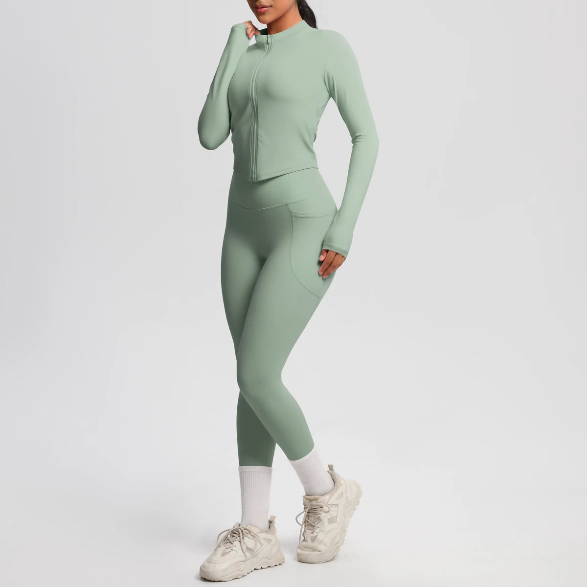 2PCS Yoga Suit Women Gym Set Leggings With Pocketed Women Tracksuit Running Zipper Workout Sportswear Long Sleeve Sports Shirt