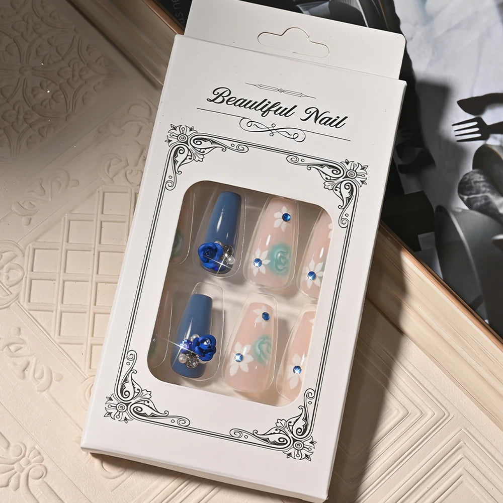 24Pcs Mid-length Ballet Fake Nails Blue Flower Design Wearable Press on Nails Women Floral Medium Square Full Cover False Nails