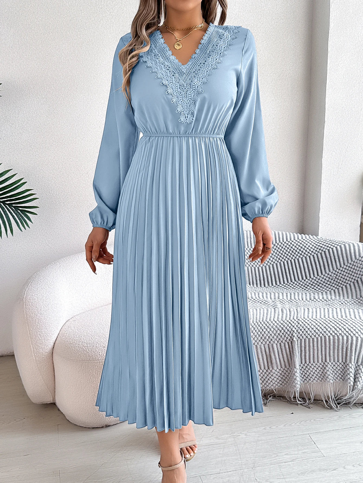 2026 Fashion Lace V Neck Lantern Long Sleeve Maxi Dress for Women Autumn Winter Casual Solid Color Pleated Dresses Khaki Red