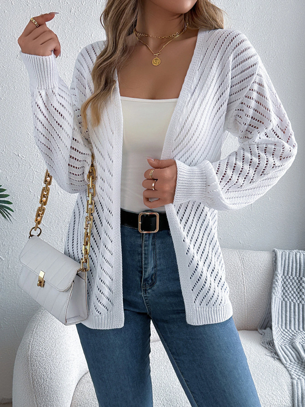 Women Solid Color Knitted Cardigan Sweaters 2026 Autumn Winter Casual Hollow Out Lantern Long Sleeve Coats Khaki White Black