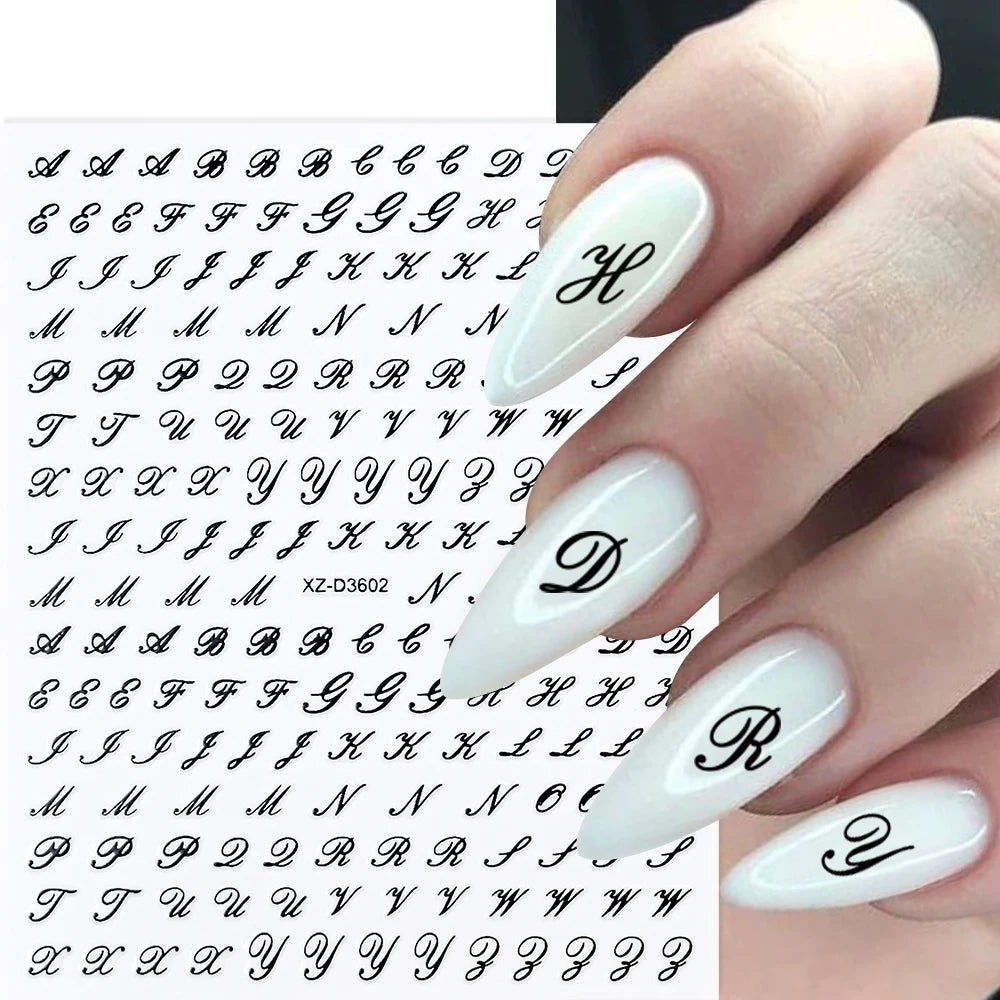 1pc Gold Silver English Letter Nail Sticker Black Laser 3D Alphabet Self Adhesive Decal English Words DIY Slider Manicure Decor