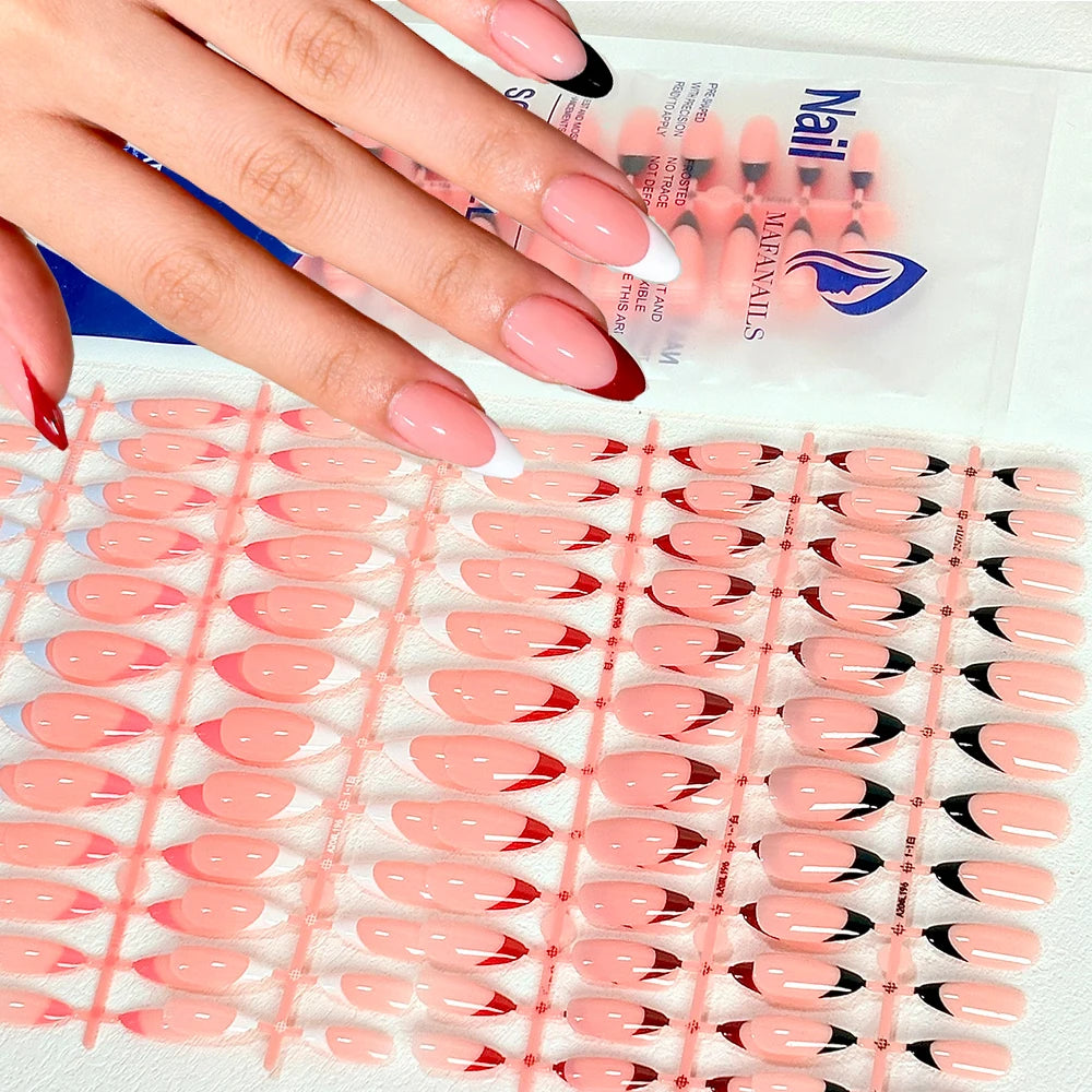 144Pcs White/Black/Red French False Nails for Women Mid-length Almond Press on Nails Acrylic Full Cover Oval Fake Nail Tips
