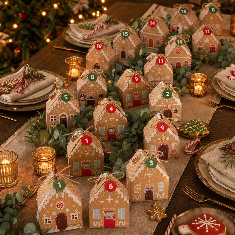 24 Days Christmas Advent Calendar Gingerbread House Boxes, Christmas Countdown Treat Boxes for Holiday Table Display 