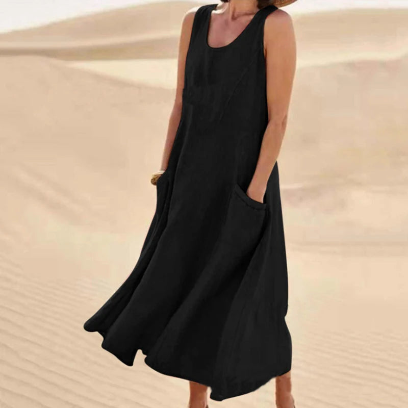 Women Casual Sleeveless A Line Dress with Pockets Vintage Hrajuku Loose Midi Length Maxi Dress Summer O Neck Cotton Linen Dress