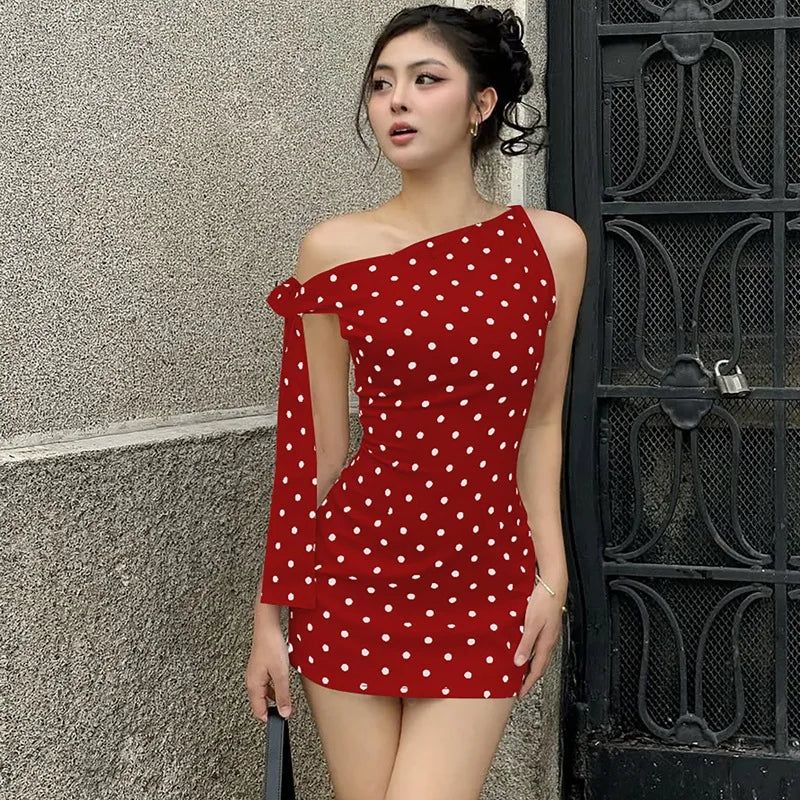 Summer Holiday Sexy Polka Dot Backless Asymmetrical Mini Dresses Strapless Lace-up Sleeveless Slim Fit Dress Vintage Party Dress