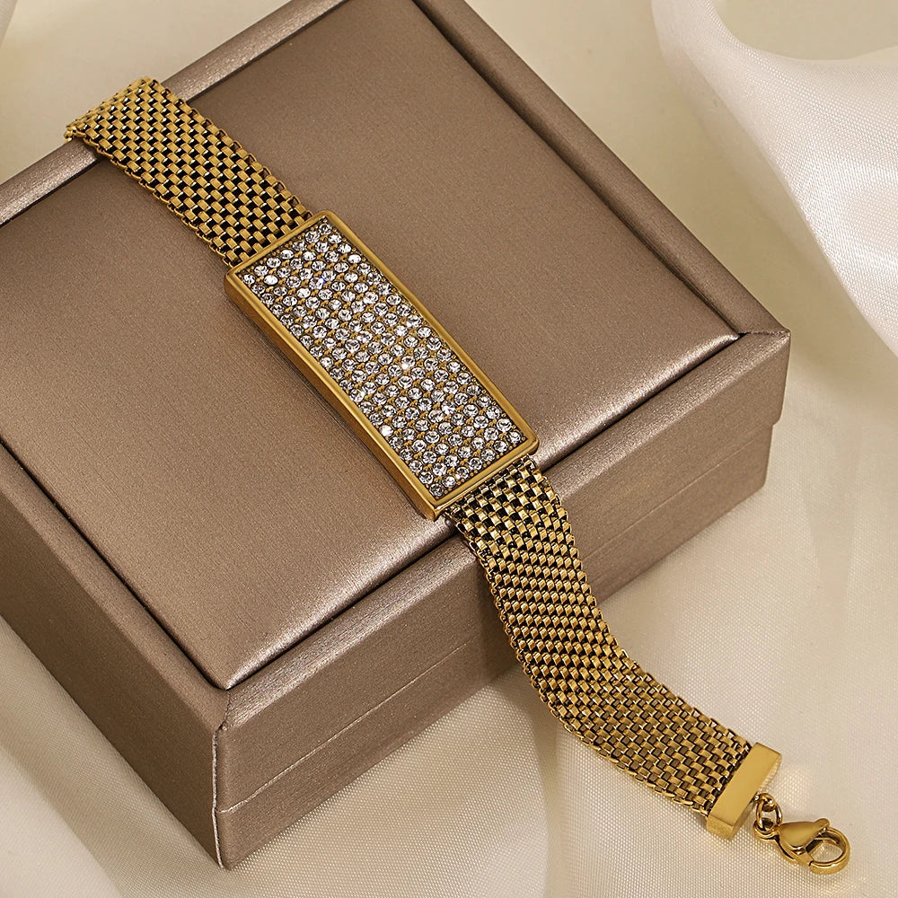 Fashion Chic Shiny Rhinestone Stainless Steel Bracelets For Women Men Statement Golden Fashion Jewlery Couple Friendship Gift