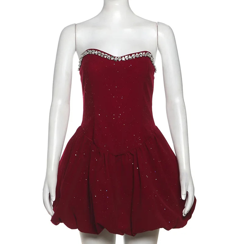 BKLD 2026 Winter New Women Clothing Elegant Fashion Strapless Sequin Diamonds Patchwork A-Line Puffy Dress Party Clubwear