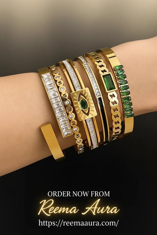 Flashbuy Trendy Chic Green Zircon Stainless Steel Bangle Bracelets for Women Charm Texture Simple Gold Color Accessories