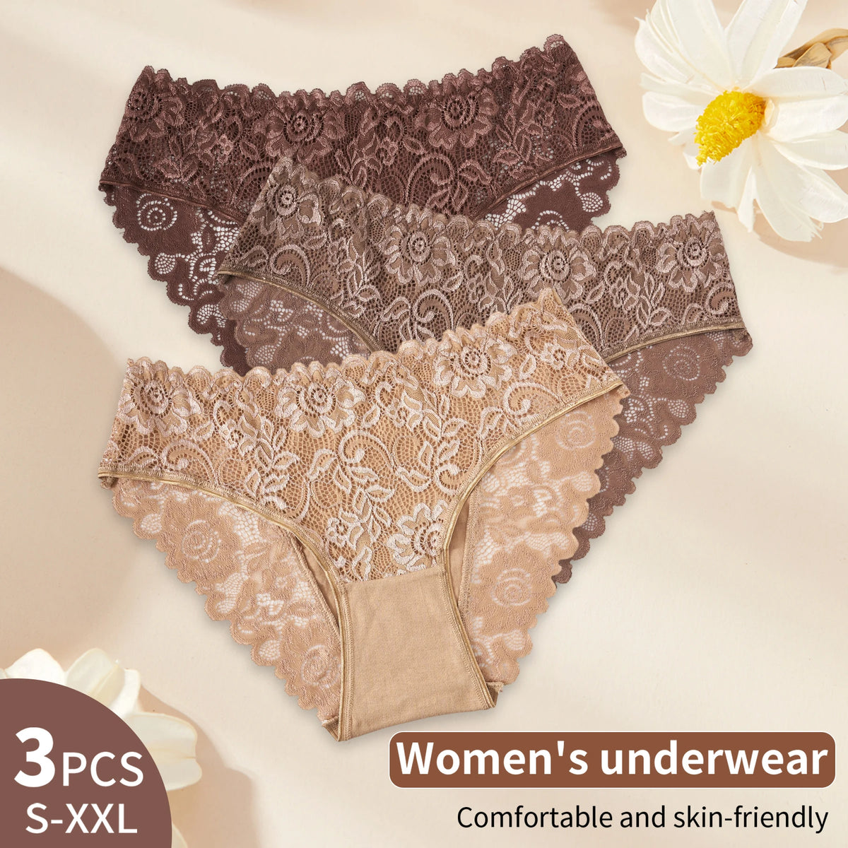 3PCS New Cotton Women's Panties Elegant Lace Floral Design Briefs Comfortable Fabric Solid Color Stylish & Breathable Underwear
