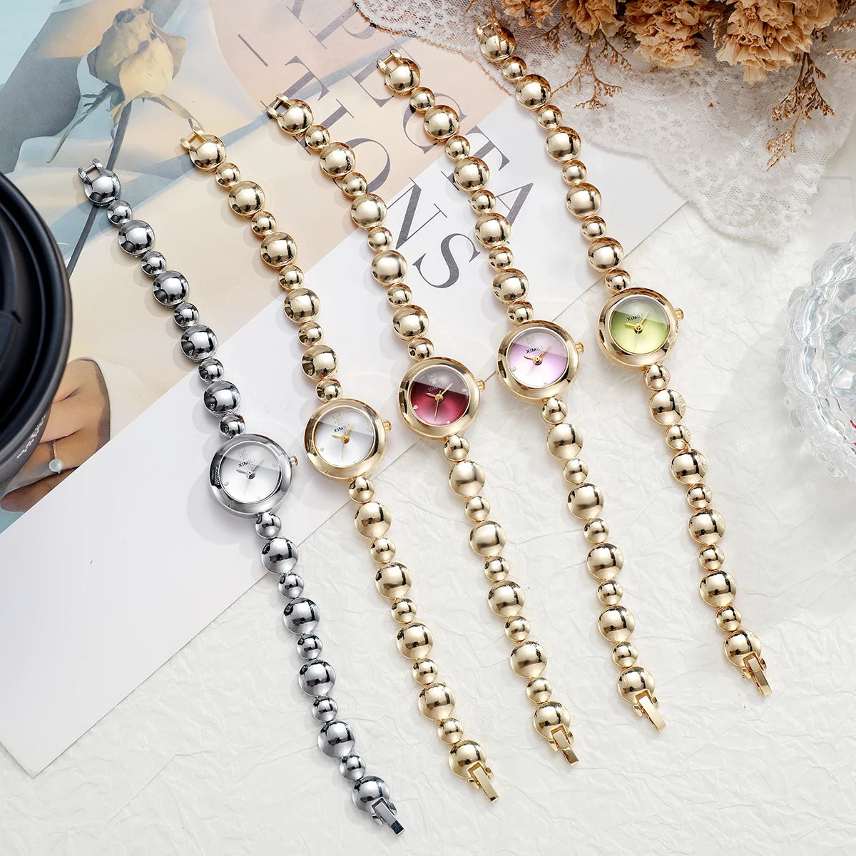 Luxury Gold Bracelet Strap Women Watches Elegant Round Dial Ladies Dress Quartz Wristwatch Clock Relogio Feminino（Without Box）