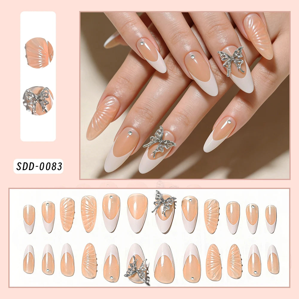 24Pcs Red Bowknot Design False Nails Medium Almond Fake Nail Tips Extension with Shiny Diamond for Women Wearable Press on Nails