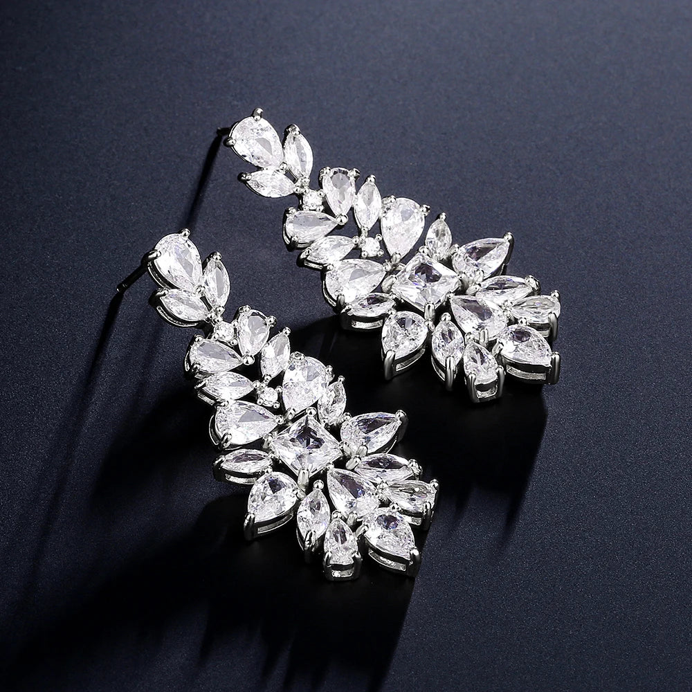 Fashion AAA Cubic Zirconia Chandelier Dangle Drop Earrings White Gold Color Crystal CZ Wedding Party Jewelry for Women