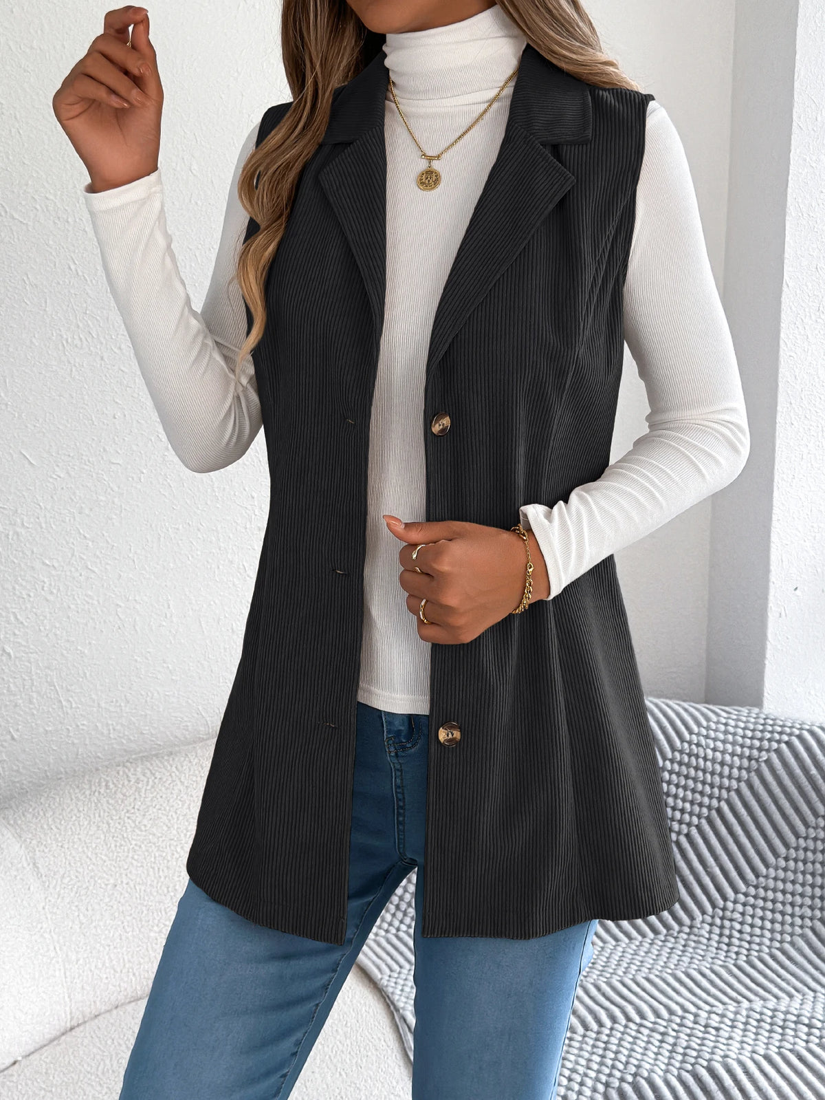 Autumn Winter Corduroy Coat Women 2026 Casual Solid Color Single Breasted Lapel Sleeveless Jacket Khaki Red Black Woman Clothing