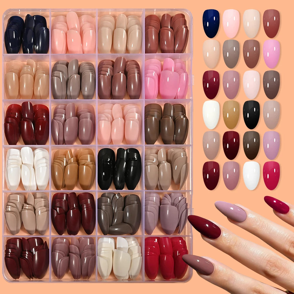 288/576pcs Short Almond Press On Nails Mixed Color Acylic Nail Extension Oval Full Cover False Nails for Women Glossy Fake Nails
