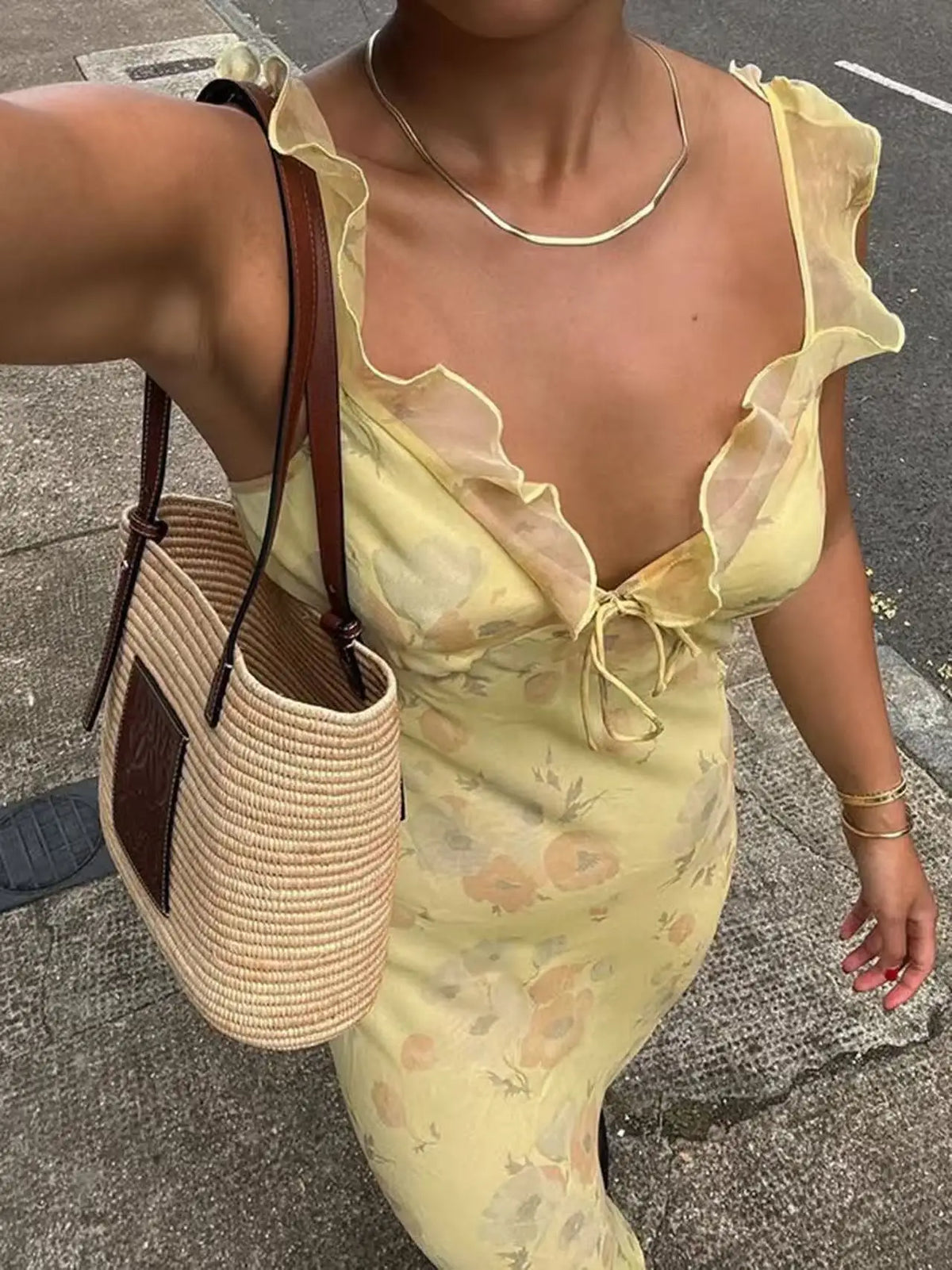 Elegant Summer Print Floral Dress Women V-neck Slim Ruffles Sleeveless Backless Long Dresses 2026 Beach Vacation Lady Vestidos