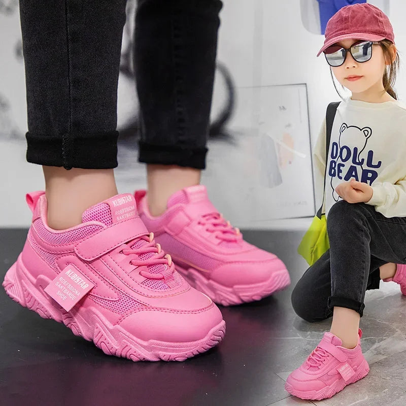 Spring New Kids Sneakers 2025 PU Girls Casual Mesh Solid Pink Light Boys White Hook & Loop Children Non-slip Sports Shoes