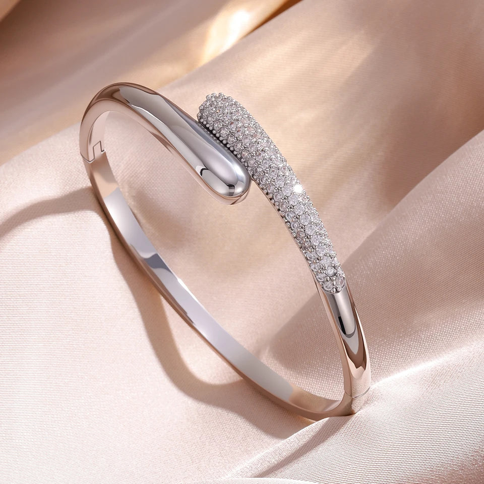 ZAKOL 3Pcs/Set Micro-inlaid Zircon Water Drop Open Bracelet Ring Earrings Set for Women Luxury Wedding Party Jewelry Sets