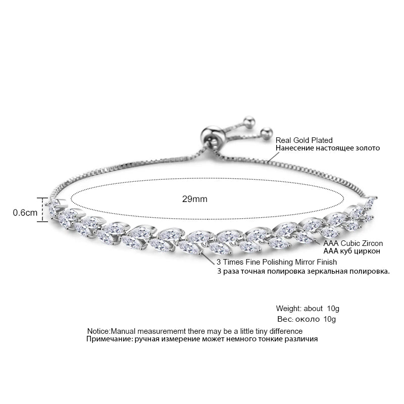 ZAKOL Trendy Cubic Zirconia Leaf Bridal Bracelets Bangle for Women White Color Crystal Adjustable Bracelet Wedding Jewelry
