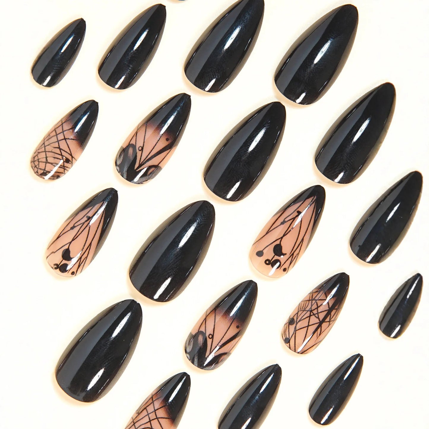 Medium fake nails for women girls gradient nude black flowers strips design Almond square shape full cover press on false nail