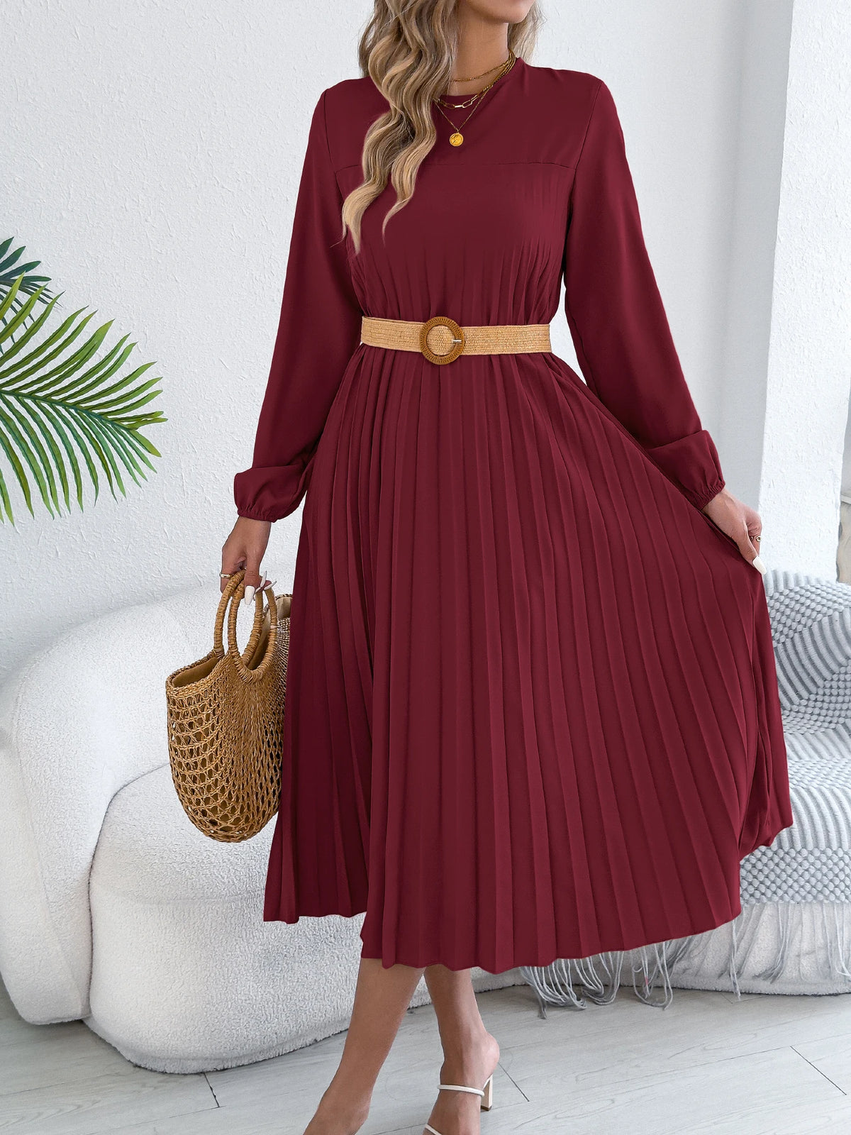 Women Elegant Dress 2026 Retro Solid Color Round Neck Long Sleeve Pleated Dress Without Belt 2026 Autumn Winter Khaki Green Red