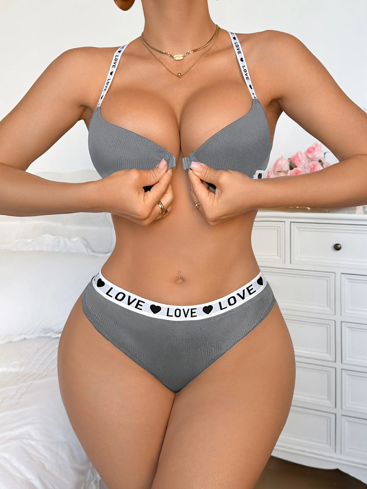 Letter Strap Women's Underwear Set with Push Up and Rib Knit Underwire Women Bra Panties Letter Comfort Lingerie Set