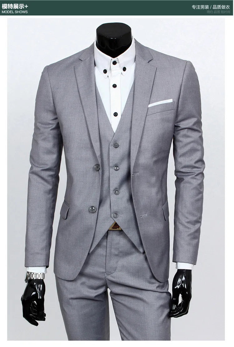 Spring Autumn New Fashion Men's Trendy Slim Business Solid Color 3 Pieces of Suits Sets Single Greasted Blazers Waistcoat Pants