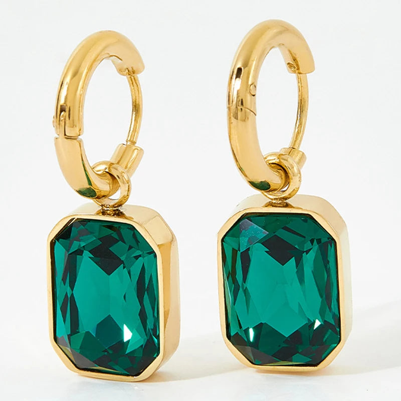 Trendy Square Zirconia Drop Stud Earrings For Women Girls Gold Color Metal Crystal Stone Pendant Ears Accessories Jewelry Gifts