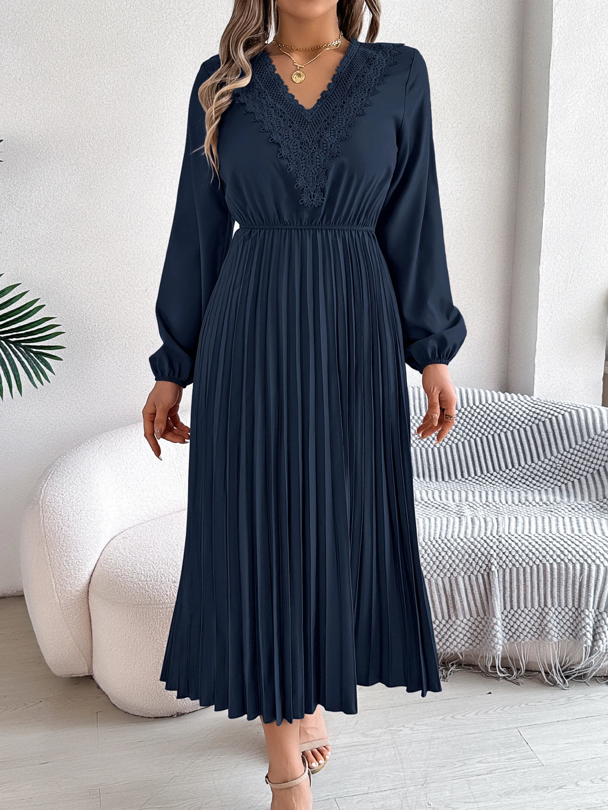 2026 Fashion Lace V Neck Lantern Long Sleeve Maxi Dress for Women Autumn Winter Casual Solid Color Pleated Dresses Khaki Red