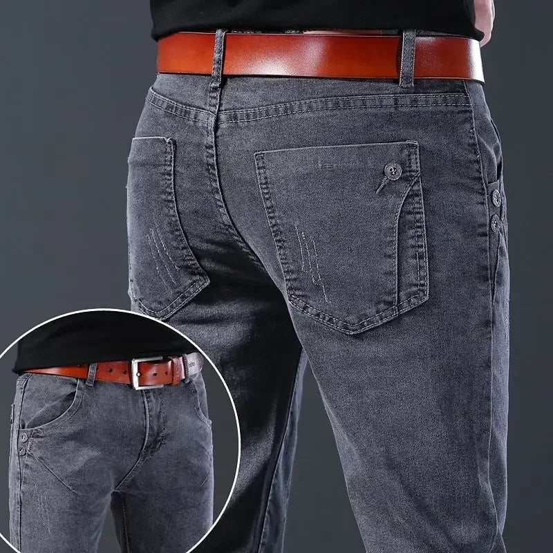 New Men Fashion Casual Business Denim Pants Male Slim Fit Straight Leg Trousers Stretch Solid Pants Size 27-38