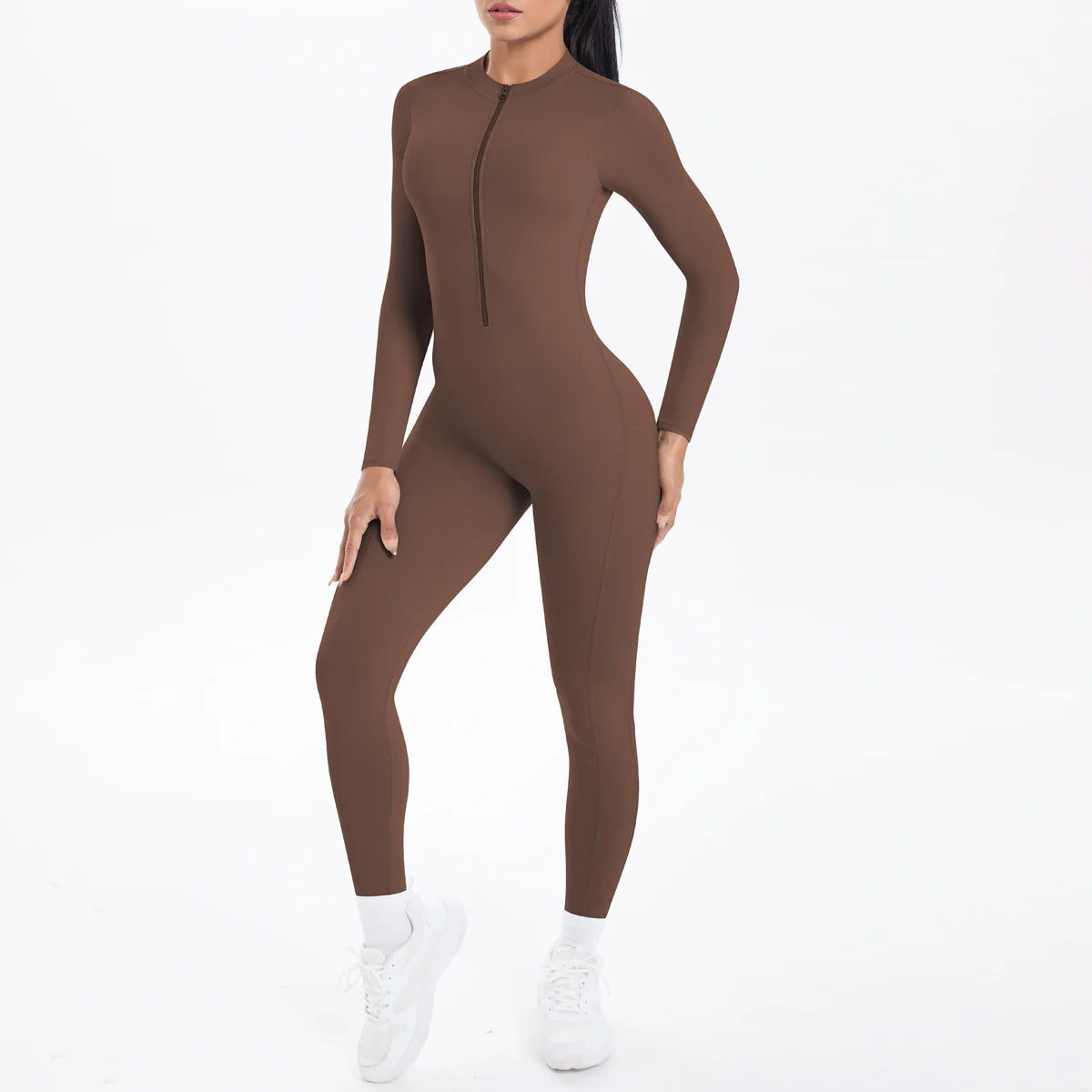 Solid Color Backless Yoga Bodysuits Women's Sportswear Stretch Bodysuit For Women Long Sleeves Jumpsuits Push Up Half Zipper Set