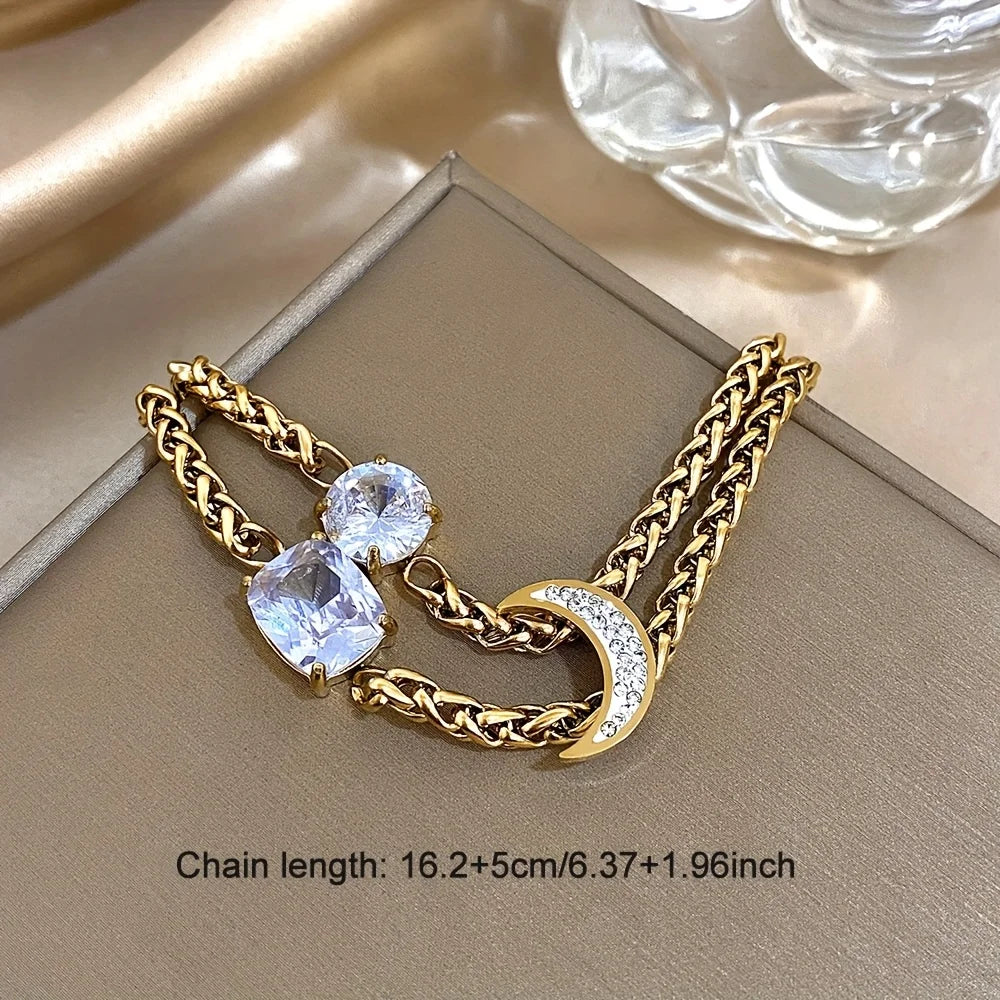 Flashbuy Women's Bracelet Golden Double Thick Chain Synthetic Zircon Geometric Moon Stainless Steel Bangle Statement Accessories