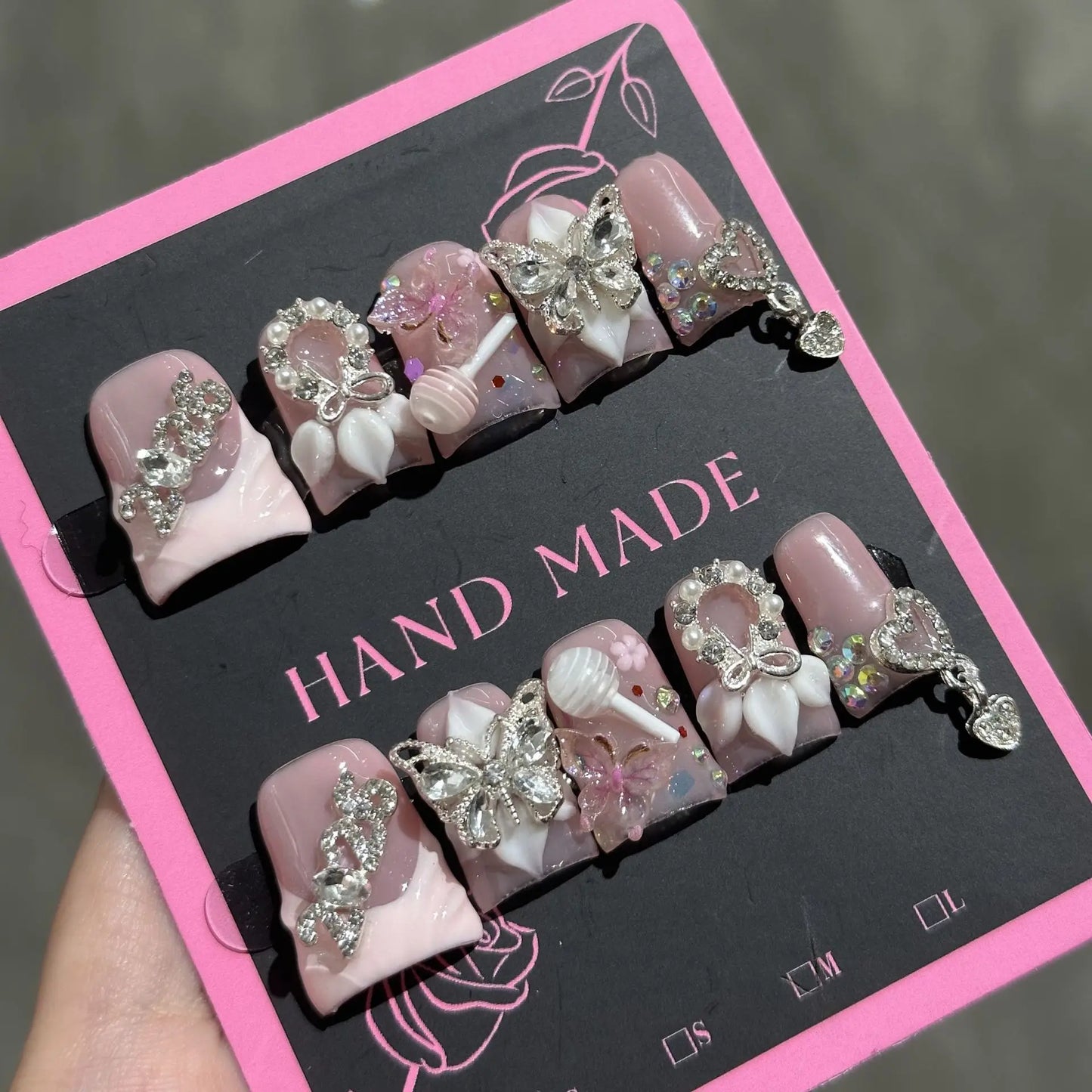 10Pcs Summer Sweet Girl Cherry Fake Nail Art Full Cover Butterfly Rhinestone 3D Stick on Nails French Duckbill Wearable Manicure