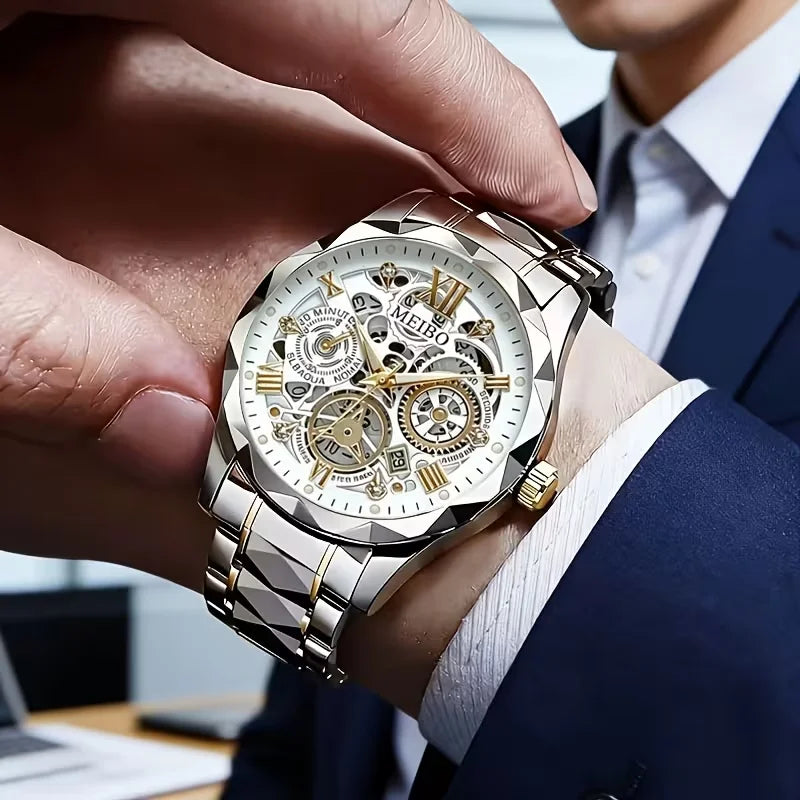 Fashion Skeleton Dial Men Business Watches Luxury Stainless Steel Calendar Quartz Wristwatch Relogio Masculino (Without Box）