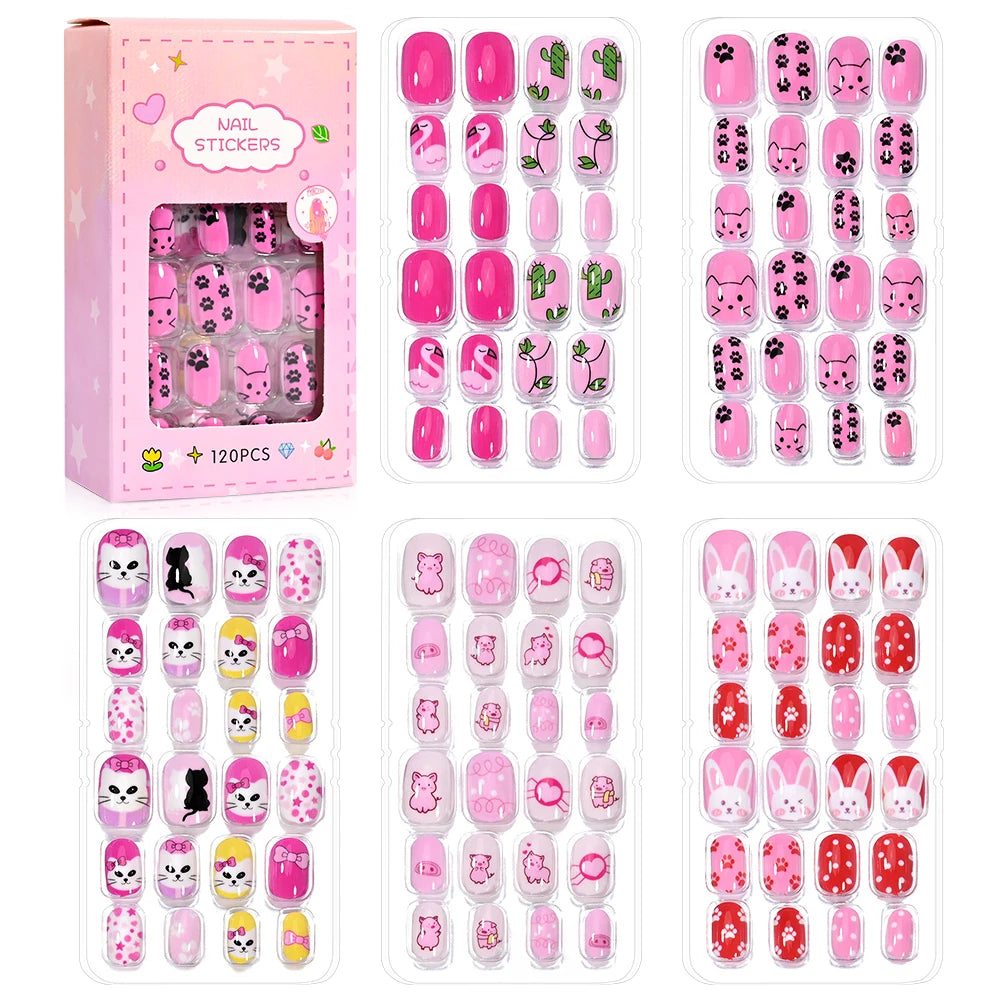 120Pcs Kids Cute Bow Heart Design False Nails Cartoon Animal Short Square Full Cover Fake Nail Tips for Girls Press On Nails