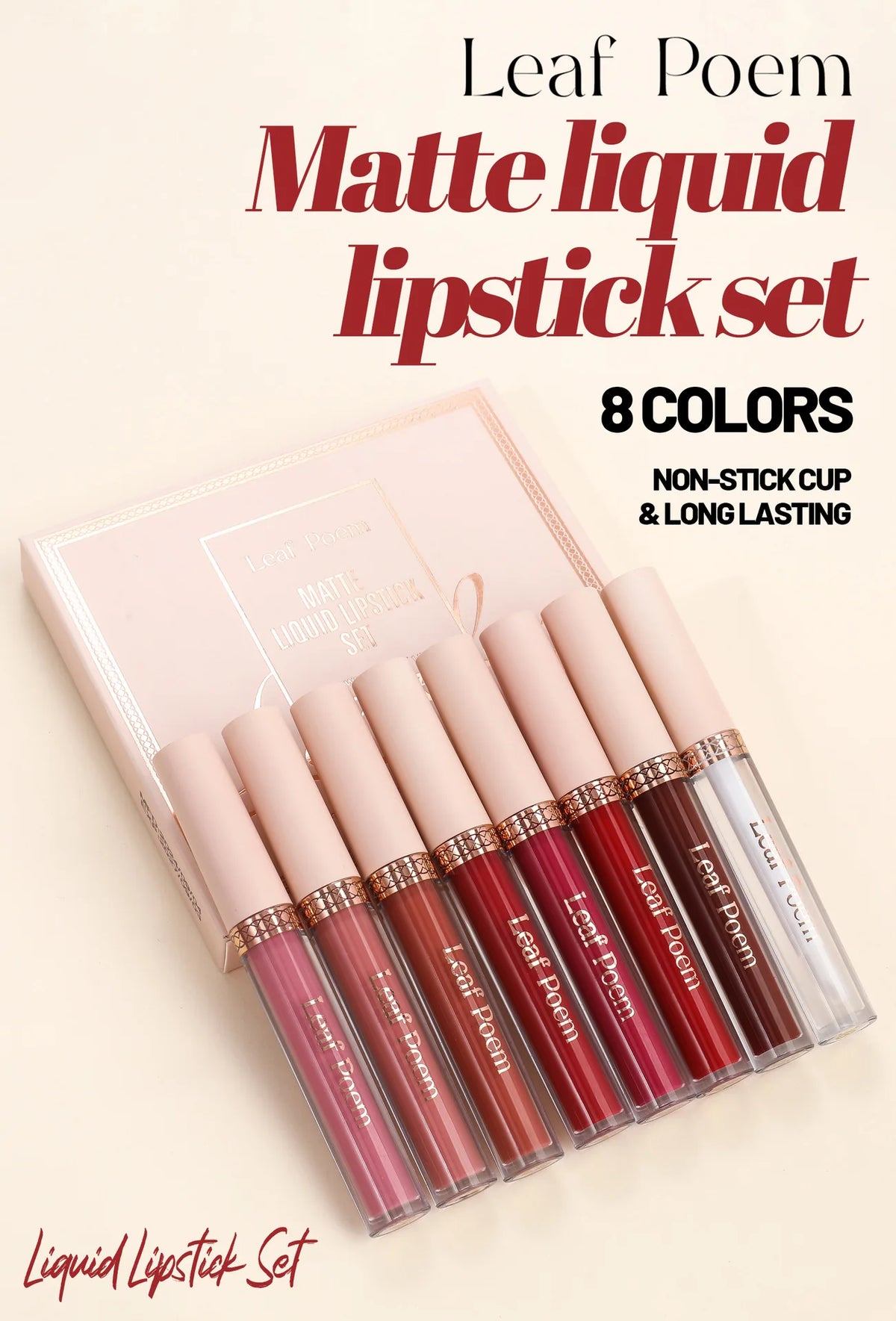 8-Piece Set of Matte Liquid Lipsticks and Lip Glazes - Waterproof, Non-Stick, Long-Lasting Lip Color in Brown, Pink, Purple, and Red Shades, Suitable for Daily Use and Parties