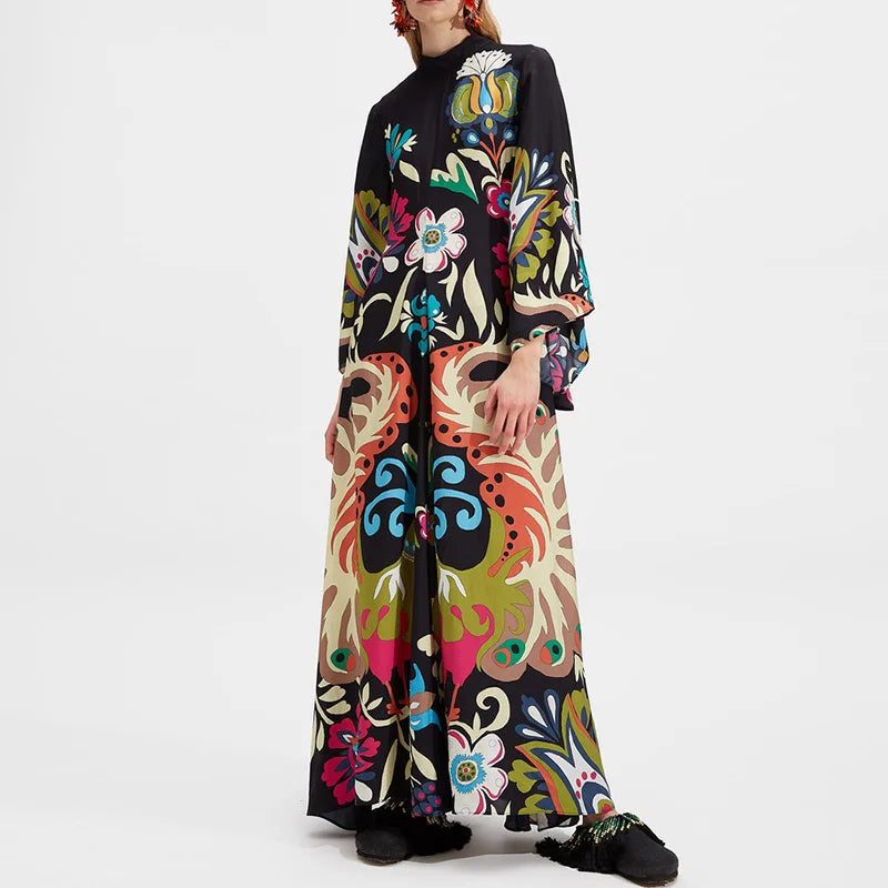 Elegant Stand Collar Printed Dress – High Waist Long Sleeve Casual Party Wear | فستان نسائي أنيق بطبعة وياقة عالية – خصر مرتفع وأكمام طويلة لإطلالة كاجوال أو حفلات