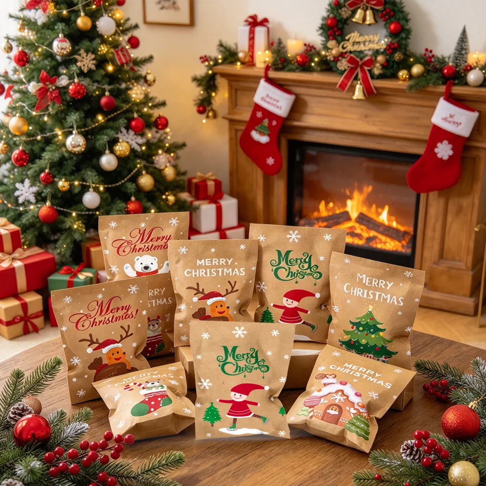 24Pcs Merry Christmas Cartoon Kraft Paper Cookie Bags, Xmas Candy Goodie Bags with Decorative Stickers, Chocolate, Small Gifts