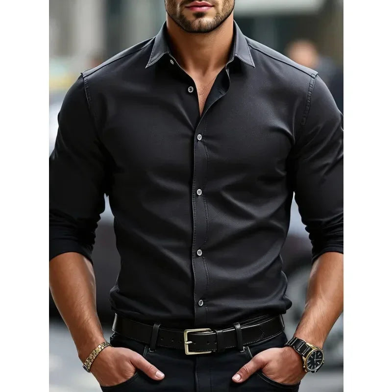 2025 Men's Shirt Brand New Solid Color Long Sleeve Smart Casual Four Season Elastic Male Business Shirts